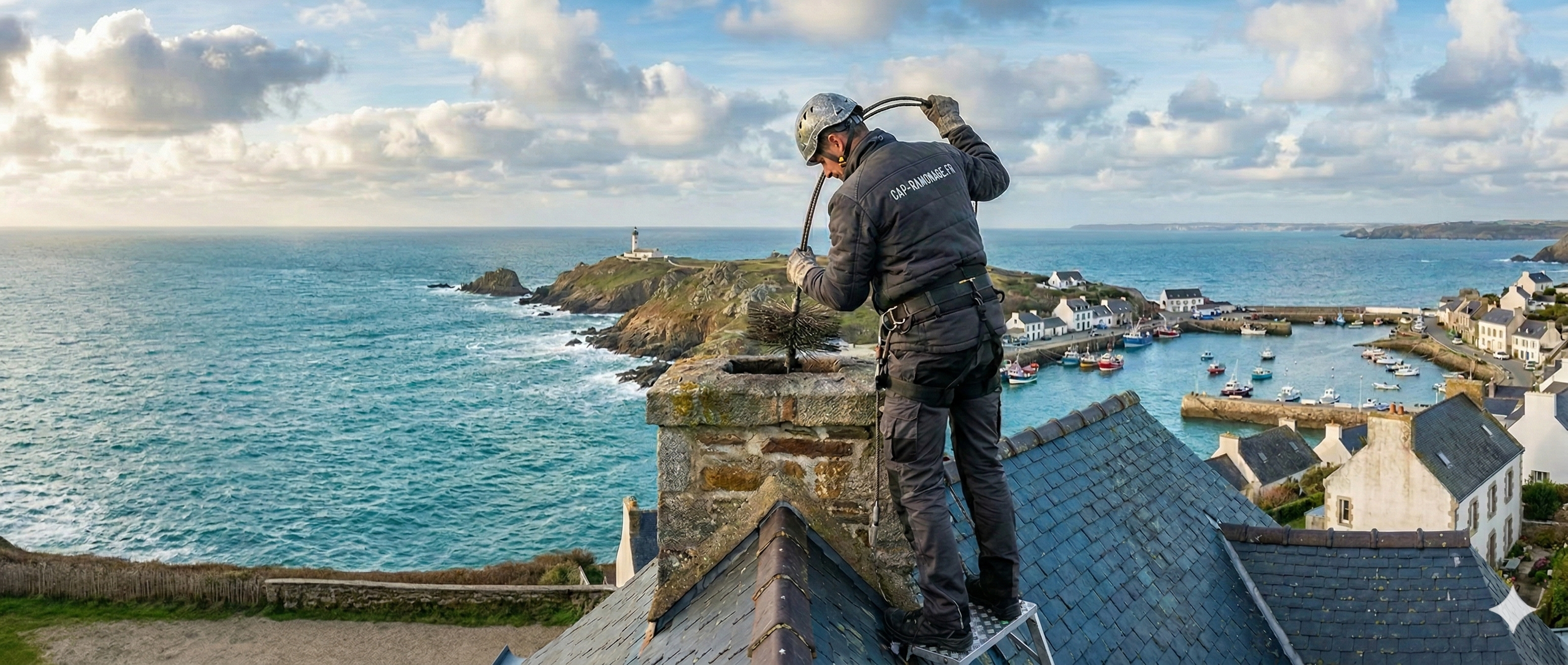 Artisan ramoneur au travail, panorama sur le port breton